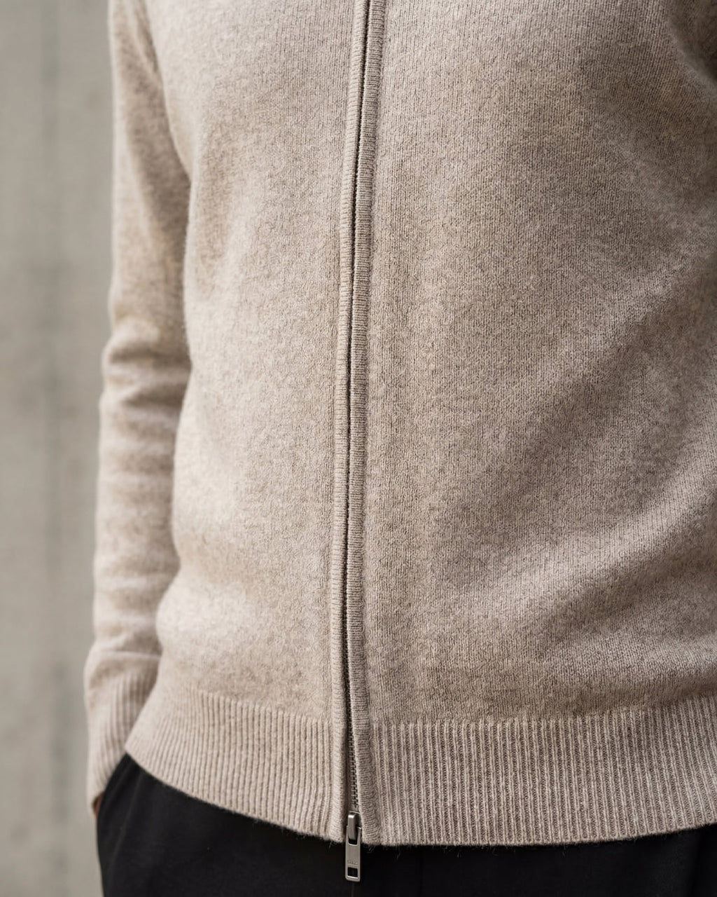 Merino Wool Full-Zip Sweater - Beige