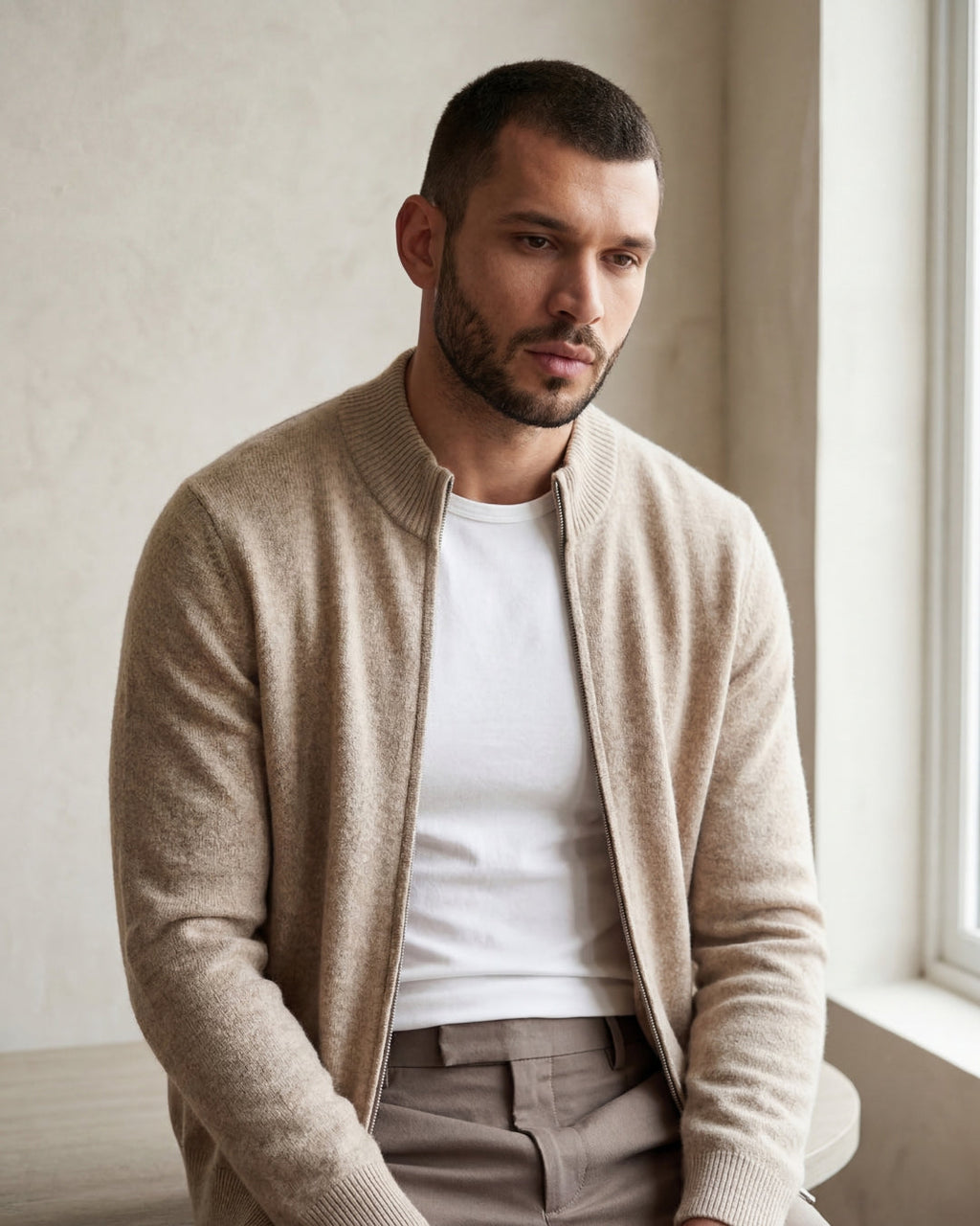 Merino Wool Full-Zip Sweater - Beige