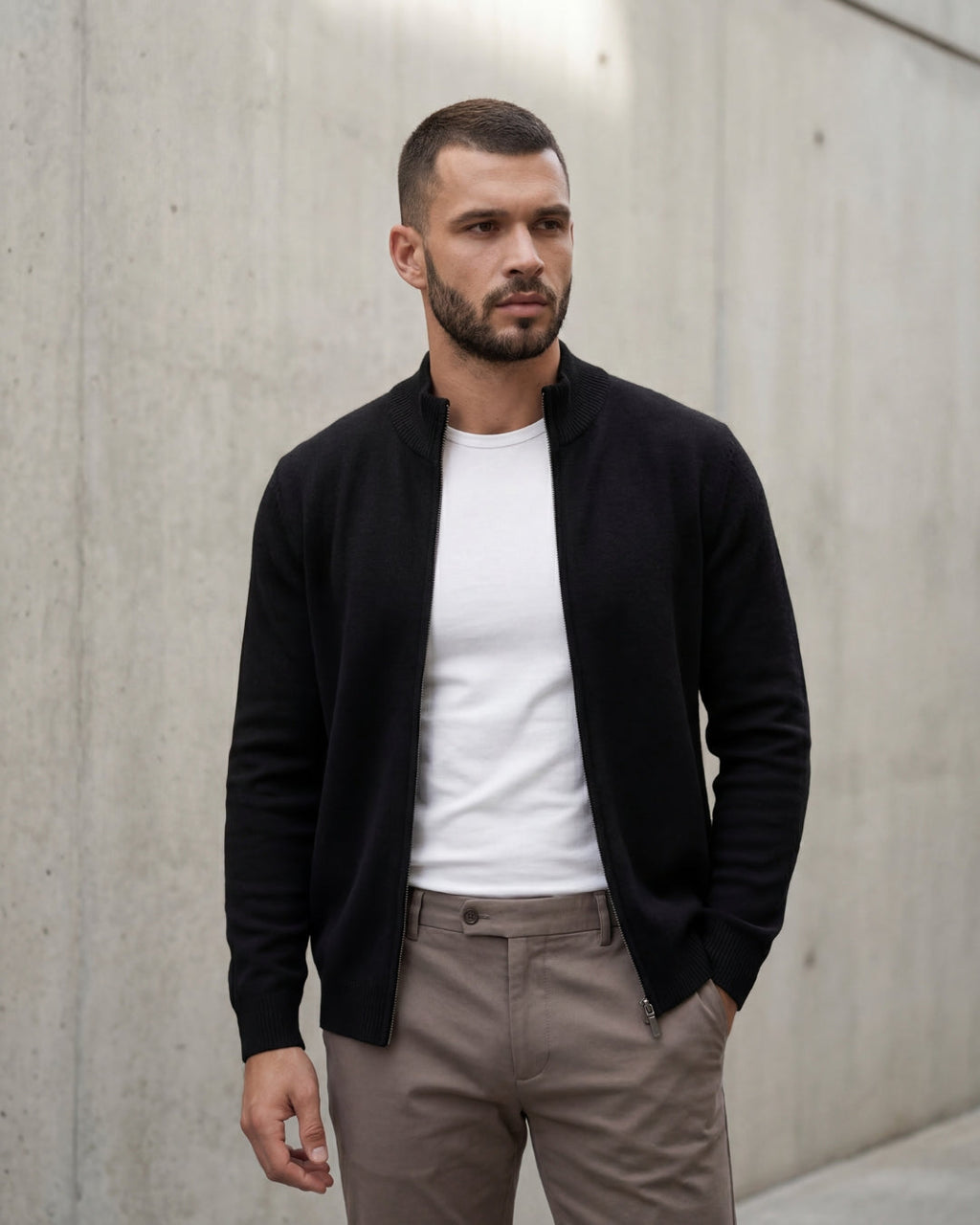 Merino Wool Full-Zip Sweater - Black