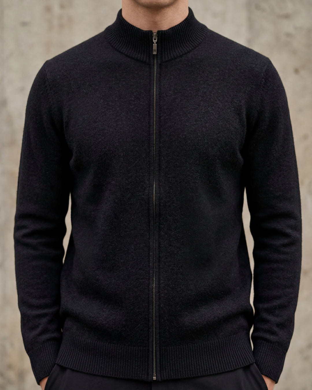 Merino Wool Full-Zip Sweater - Black