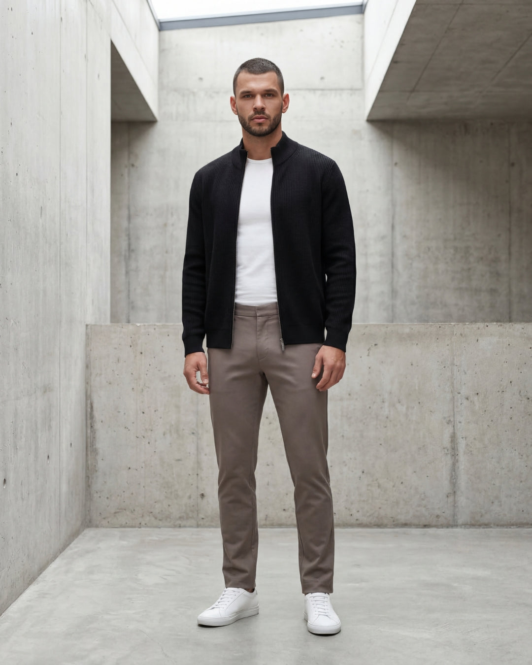 Merino Wool Full-Zip Sweater - Black