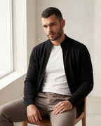 Merino Wool Full-Zip Sweater - Black