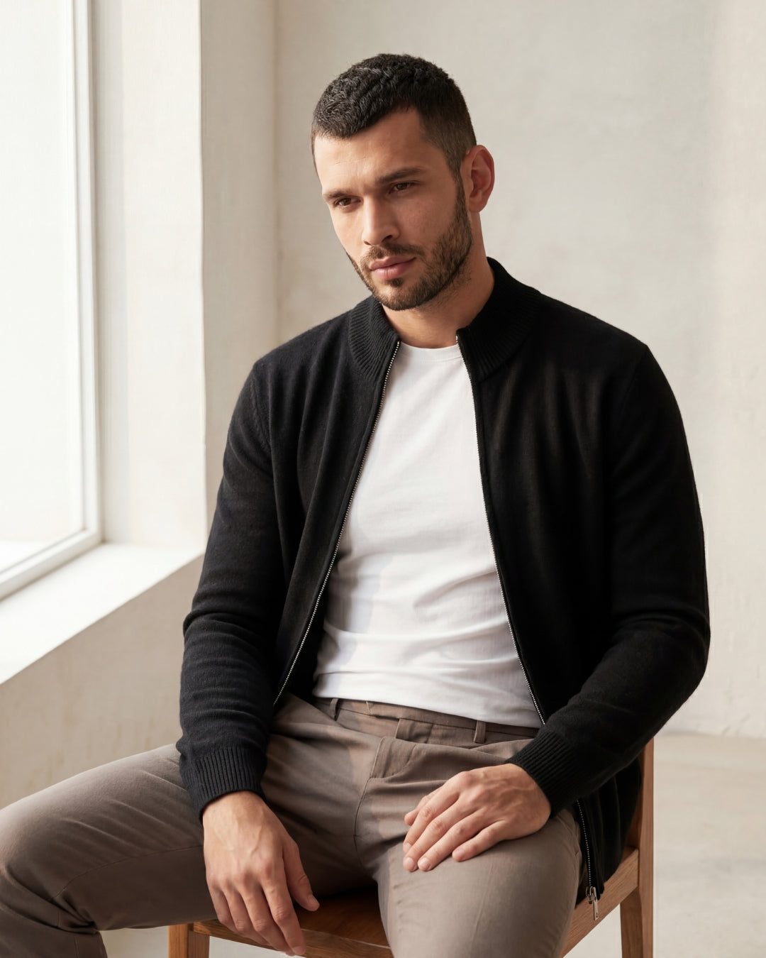 Merino Wool Full-Zip Sweater - Black