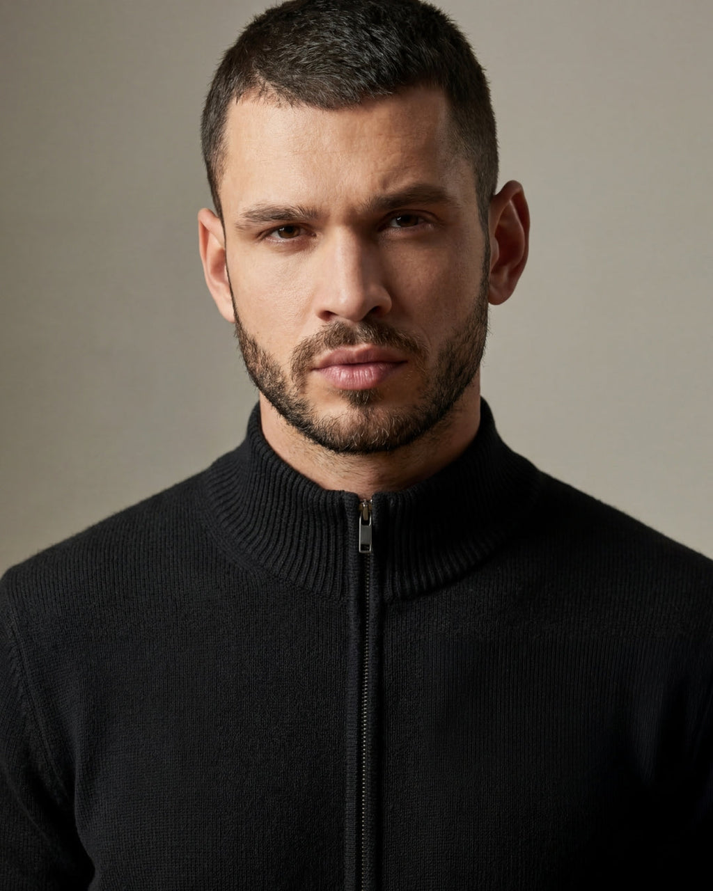 Merino Wool Full-Zip Sweater - Black