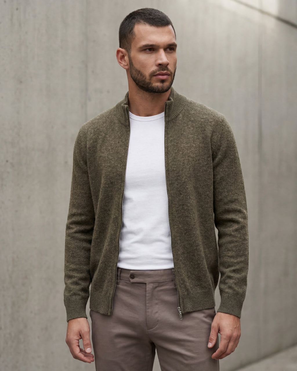 Merino Wool Full-Zip Sweater - Olive