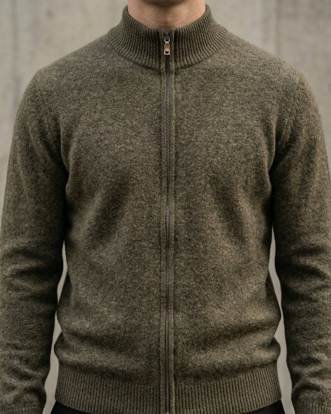Merino Wool Full-Zip Sweater - Olive