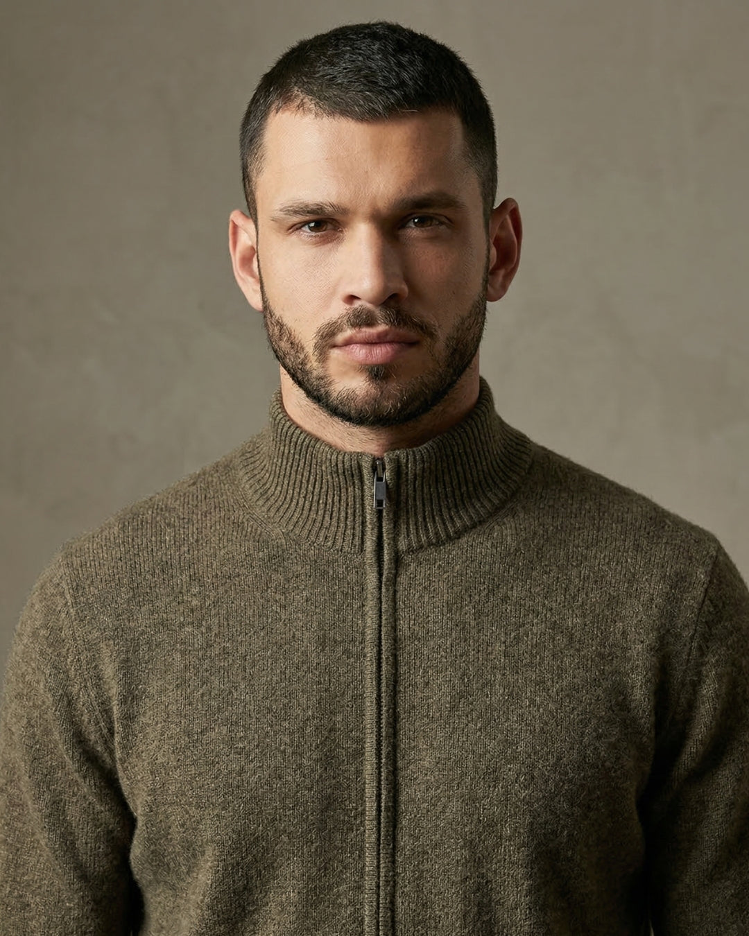 Merino Wool Full-Zip Sweater - Olive