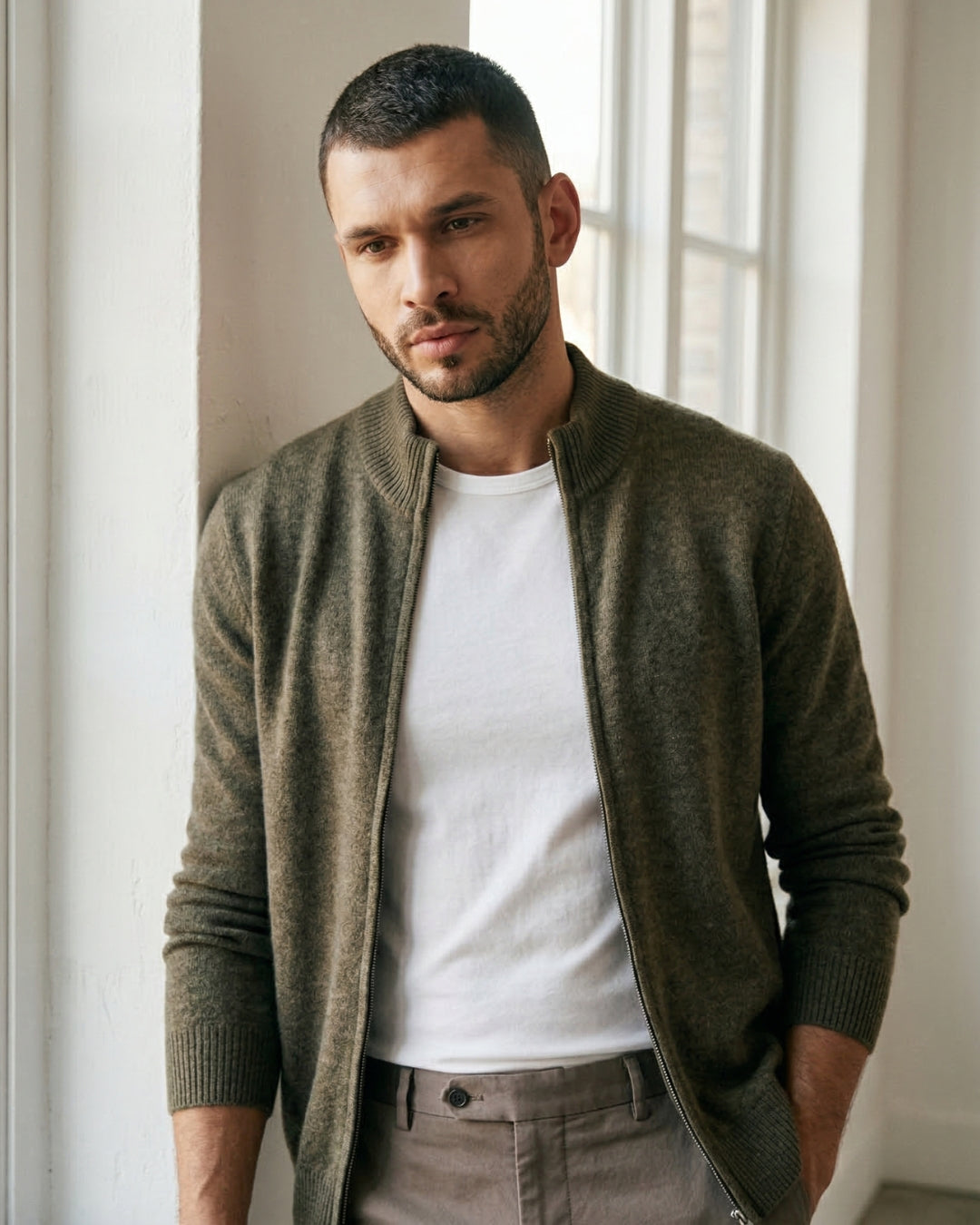 Merino Wool Full-Zip Sweater - Olive