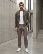 Merino Wool Full-Zip Sweater - Olive