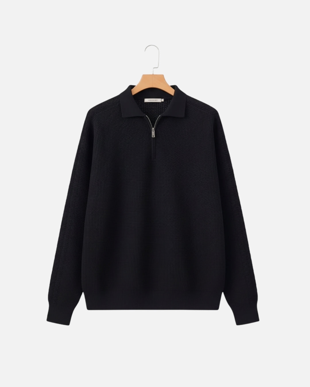 Cotton Waffle Half-Zip Sweater - Black