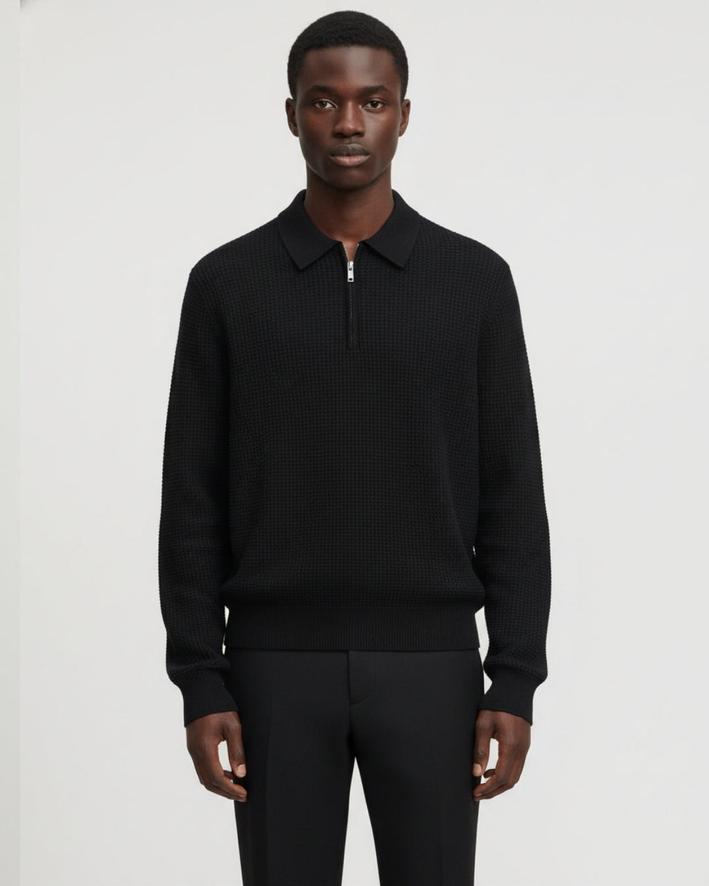 Cotton Waffle Half-Zip Sweater - Black