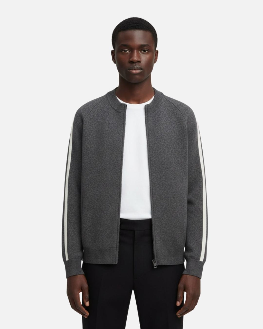 Merino Wool Full-Zip Stripe Sweater - Graphite