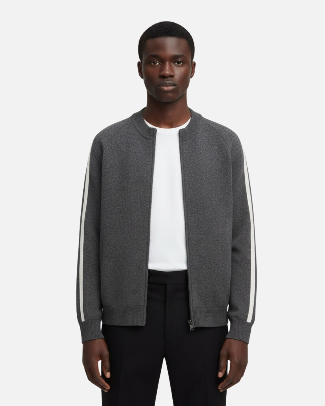 Merino Wool Full-Zip Stripe Sweater - Graphite
