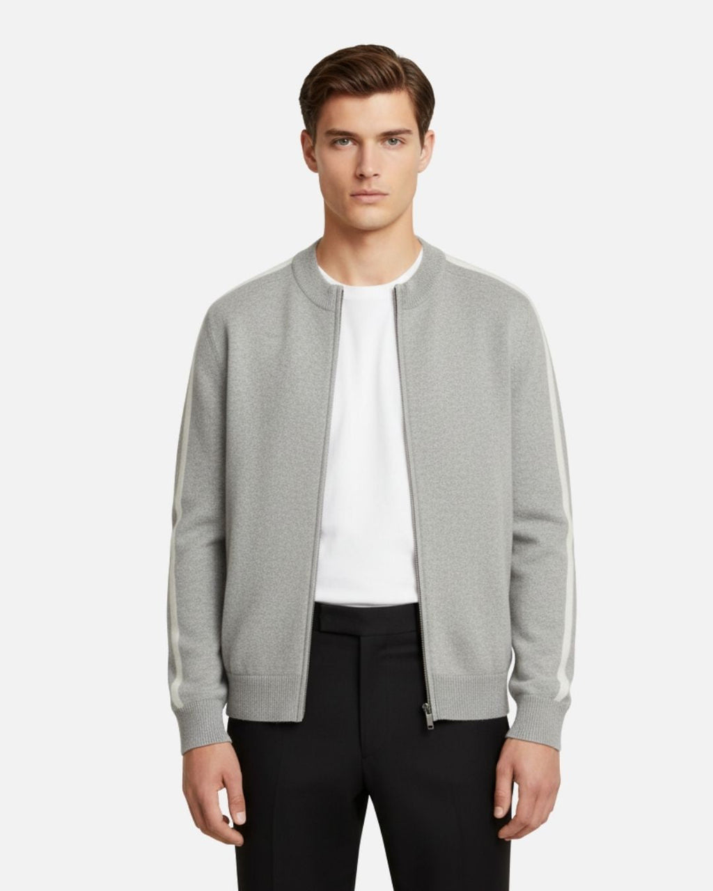 Merino Wool Full-Zip Stripe Sweater - Grey