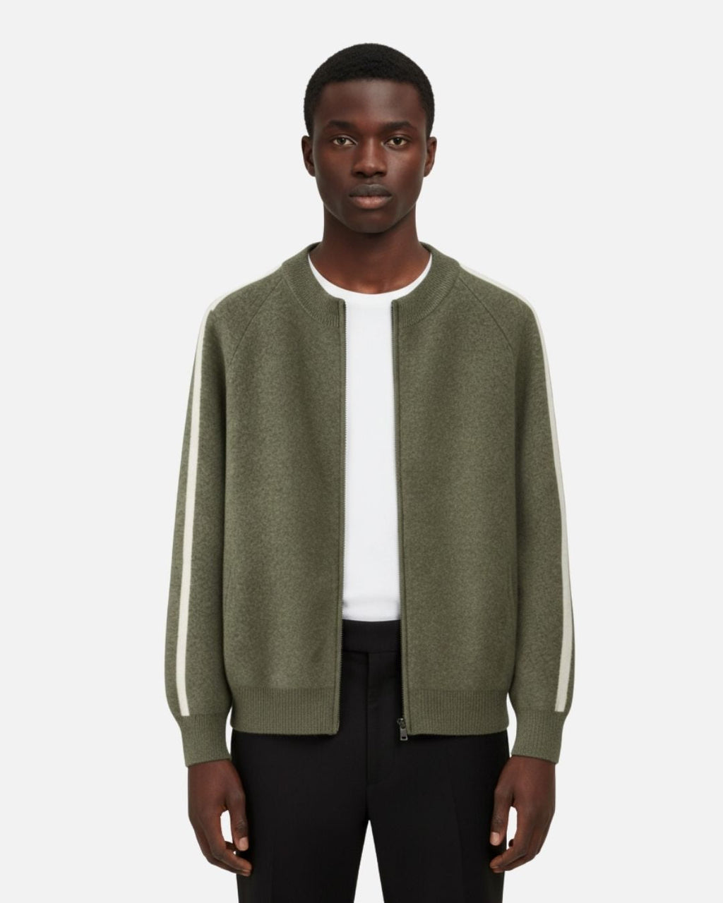 Merino Wool Full-Zip Stripe Sweater - Olive