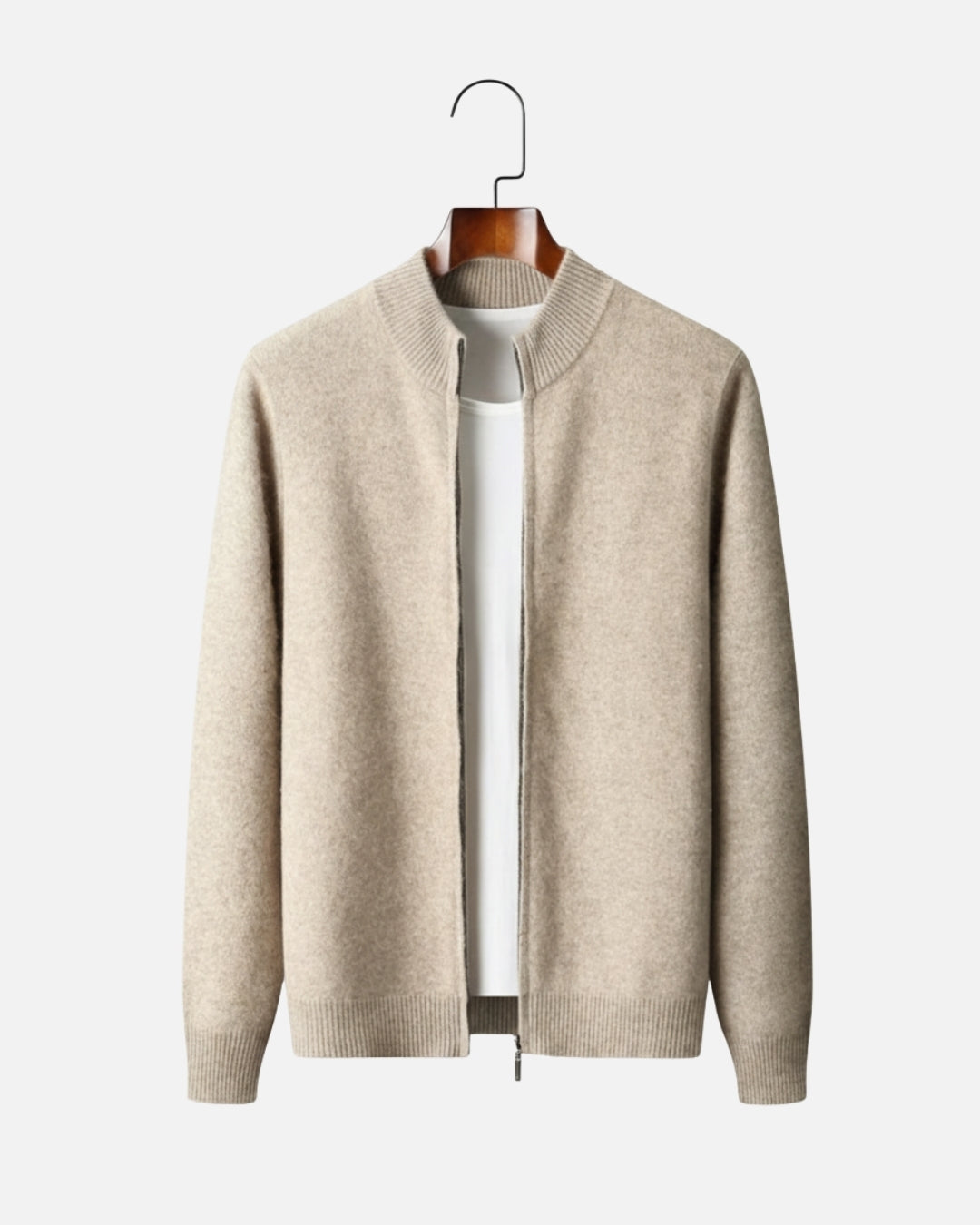 Merino Wool Full-Zip Sweater - Beige