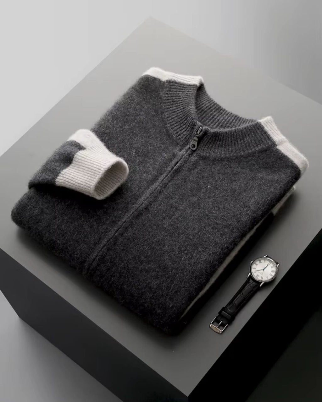 Merino Wool Full-Zip Two-Tone Sweater - Graphite