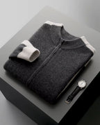 Merino Wool Full-Zip Two-Tone Sweater - Graphite