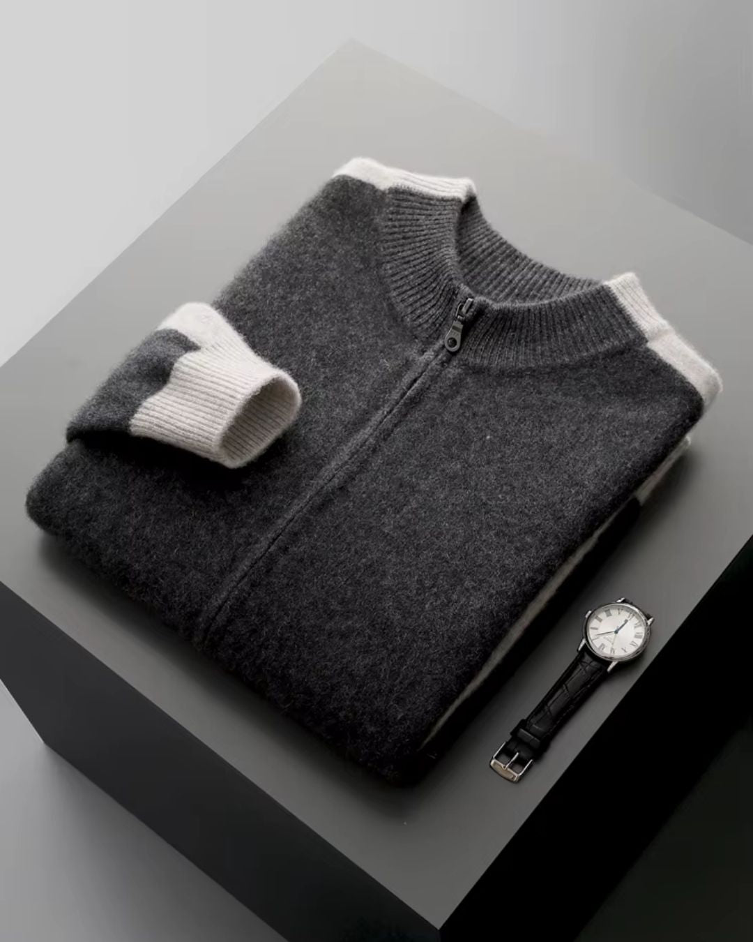 Merino Wool Full-Zip Two-Tone Sweater - Graphite