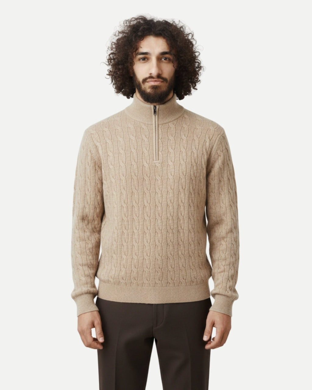 Merino Wool Cable Knit Half-zip Sweater - Camel