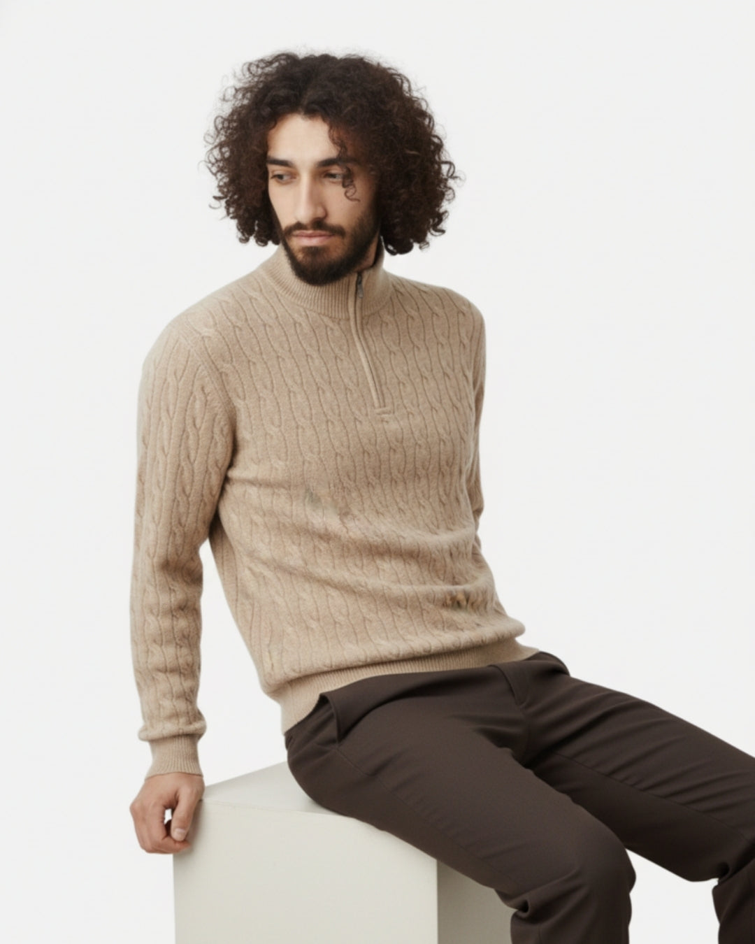 Merino Wool Cable Knit Half-zip Sweater - Camel