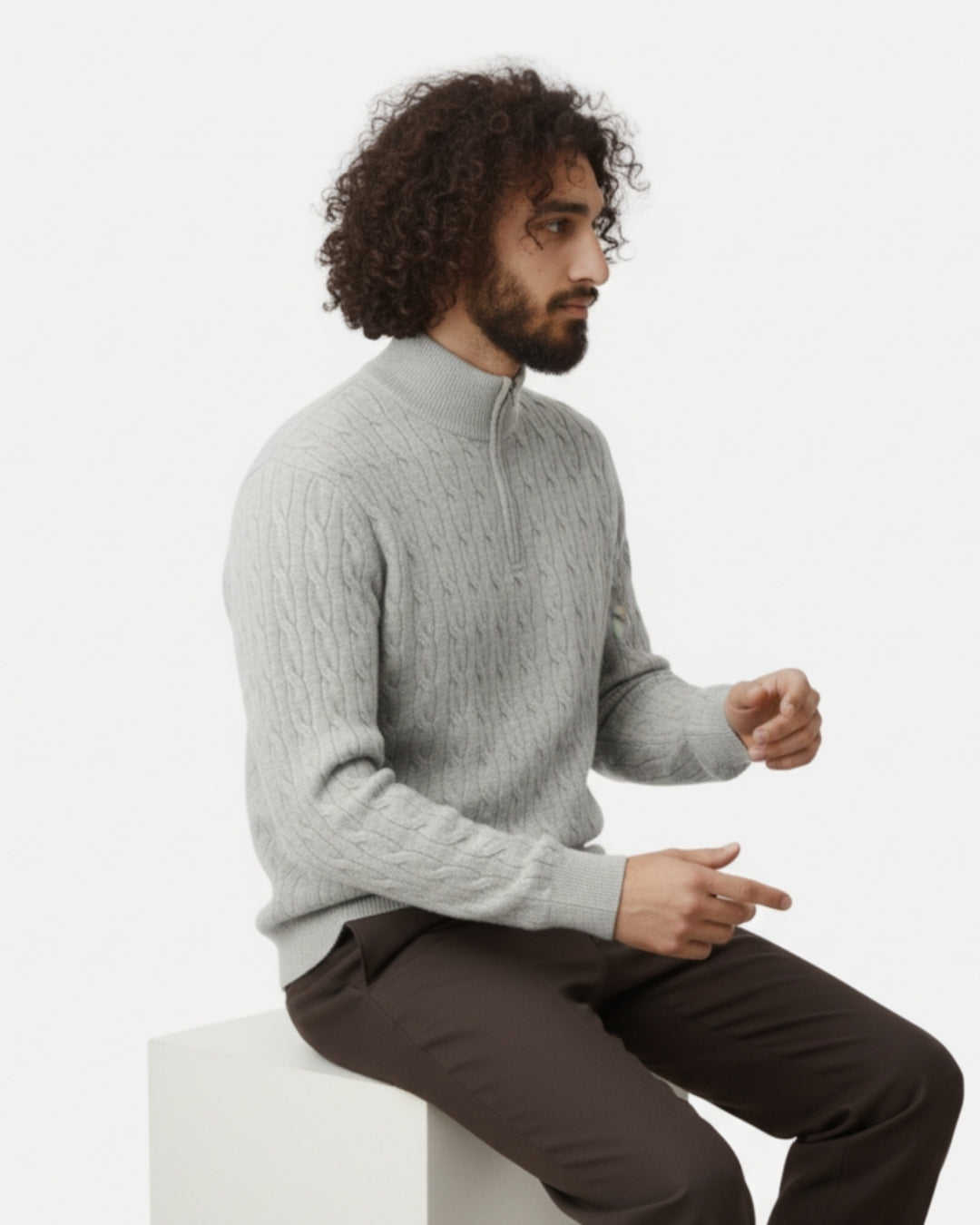 Merino Wool Cable Knit Half-zip Jumper - Grey