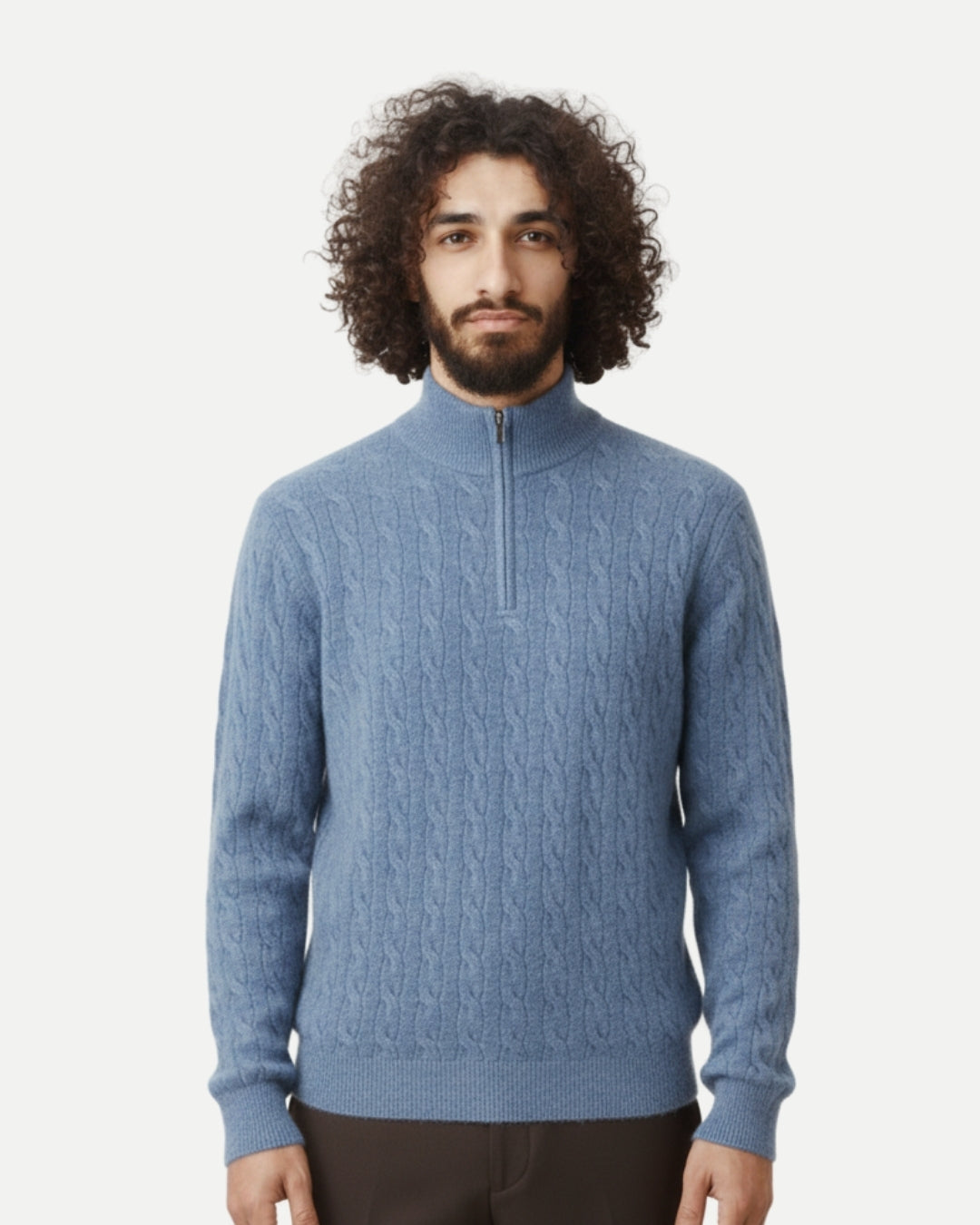 Merino Wool Cable Knit Half-Zip Jumper - Sea Blue