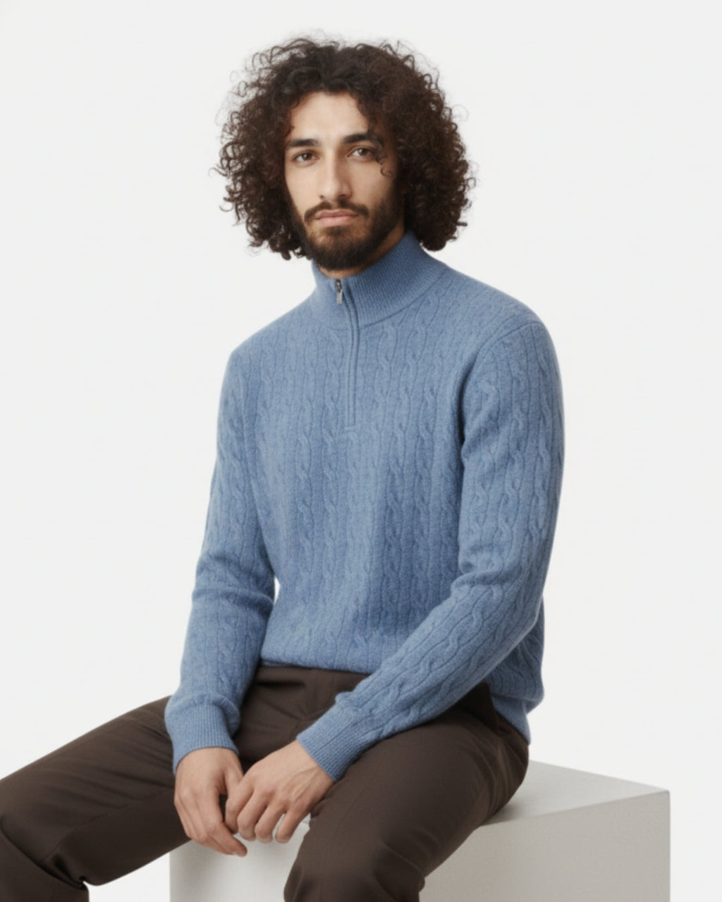Merino Wool Cable Knit Half-Zip Jumper - Sea Blue