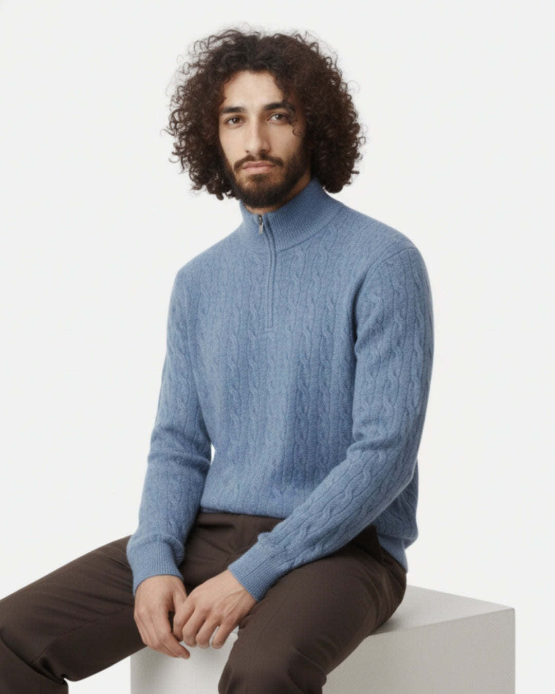 Merino Wool Cable Knit Half-Zip Jumper - Sea Blue
