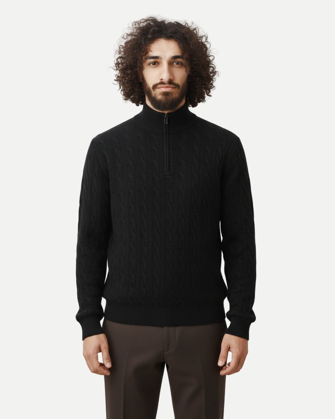 Merino Wool Cable Knit Half-Zip Jumper - Black
