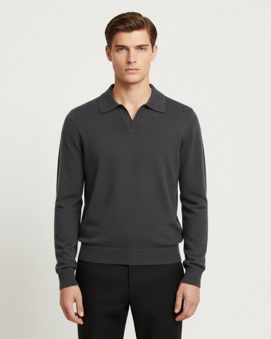 Merino Wool Long Sleeve Polo Shirt - Graphite