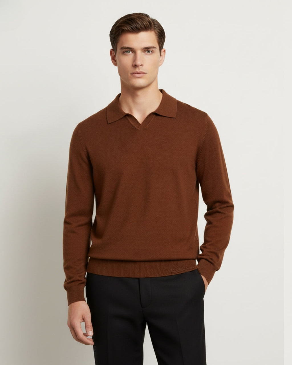 Merino Wool Long Sleeve Polo Shirt - Cinnamon