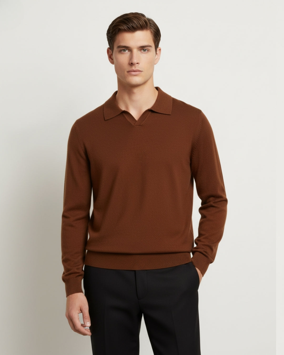 Merino Wool Long Sleeve Polo Shirt - Cinnamon