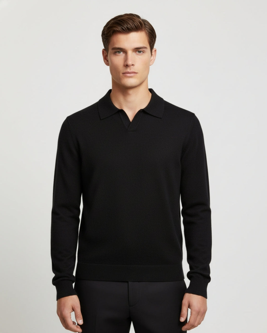 Men's Merino Wool Long Sleeve Polo Shirt - Black