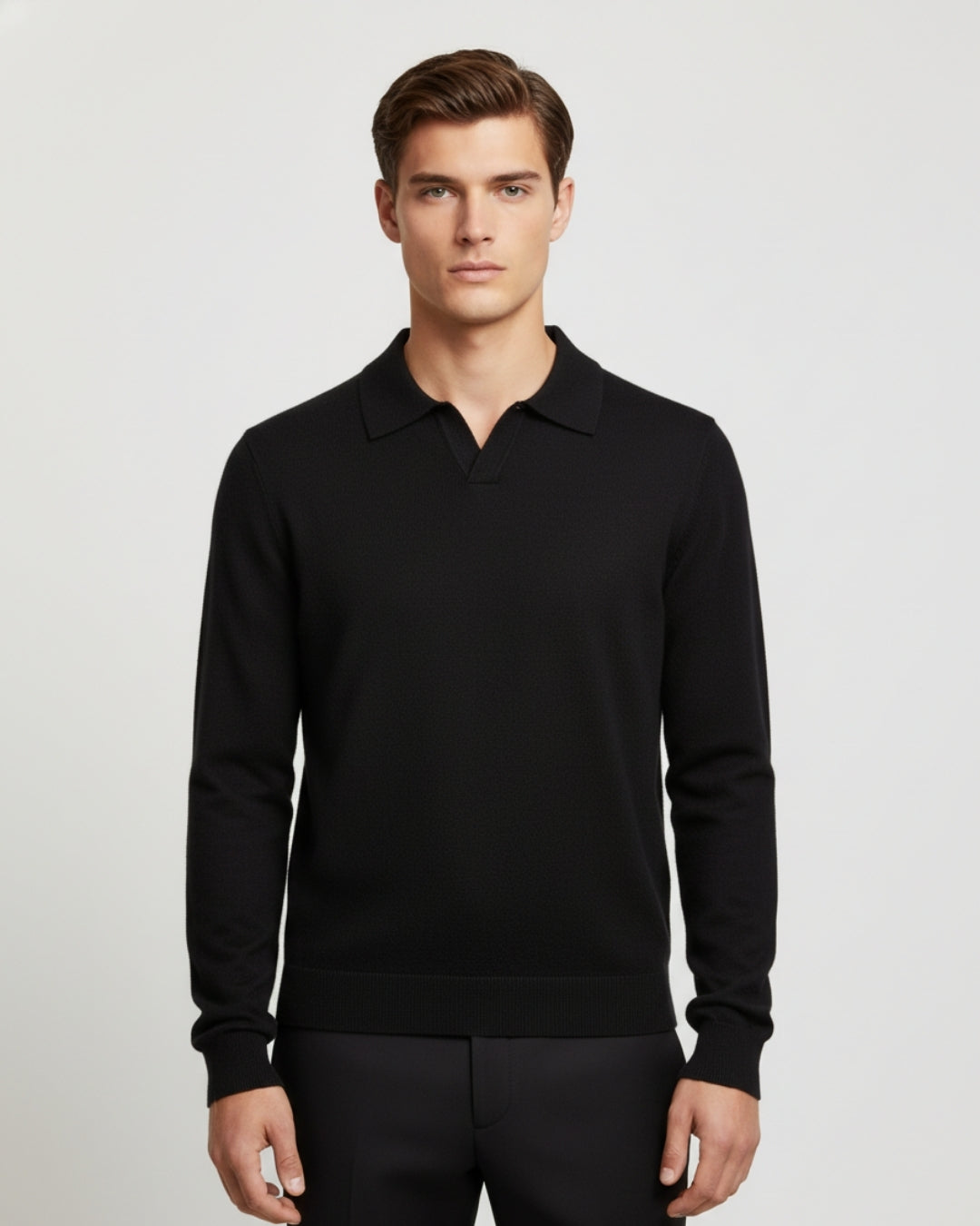 Men's Merino Wool Long Sleeve Polo Shirt - Black