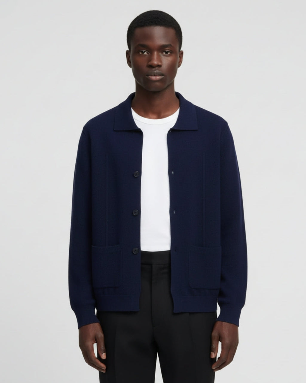 Merino Wool Button-Up Overshirt - Navy