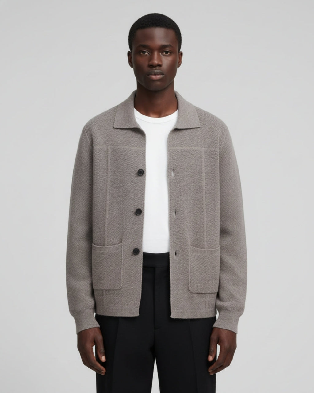 Merino Wool Button-Up Overshirt - Taupe