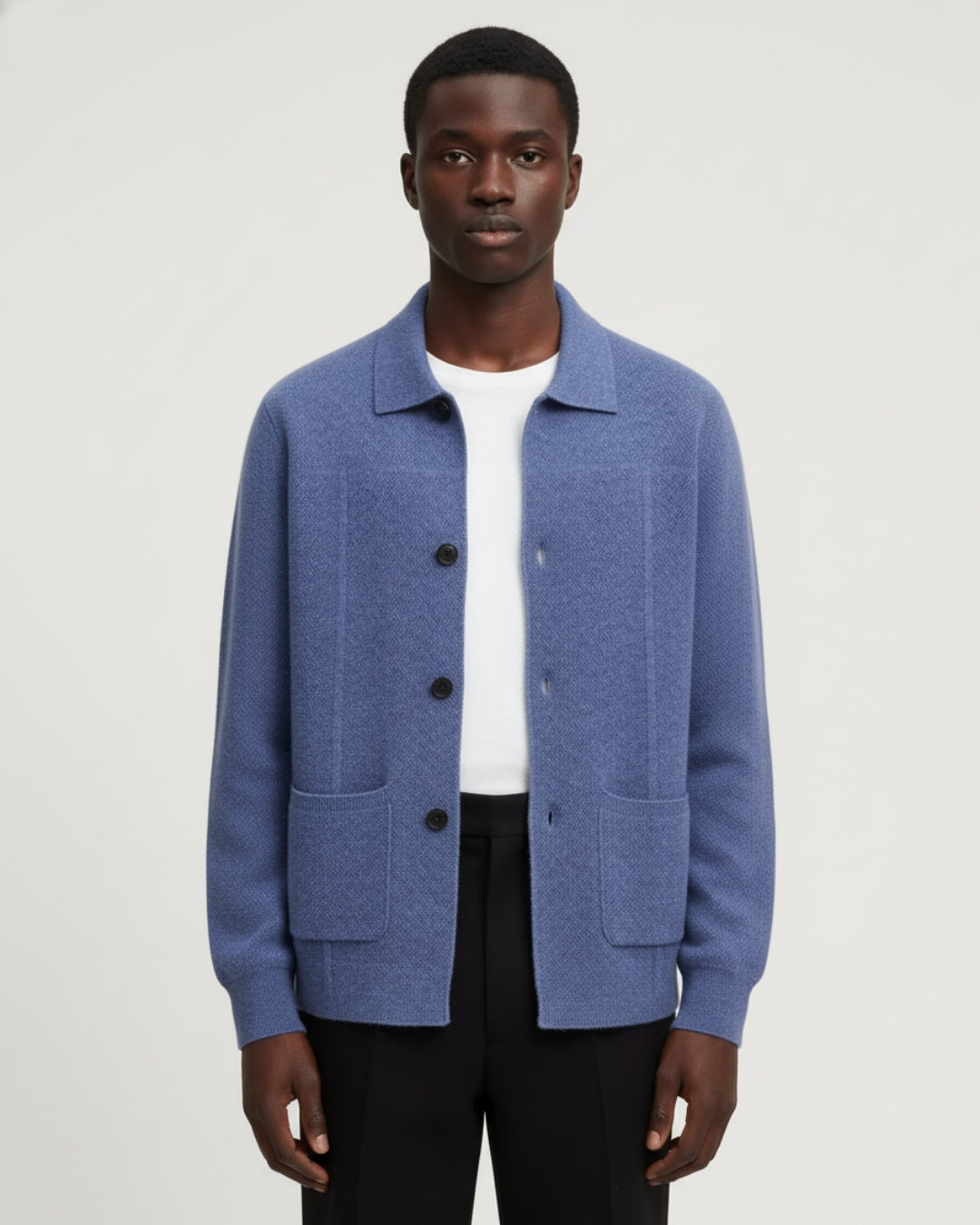 Merino Wool Button-Up Overshirt - Sea Blue