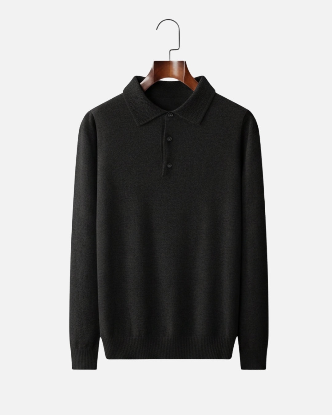 Merino Wool Polo with Buttons - Black
