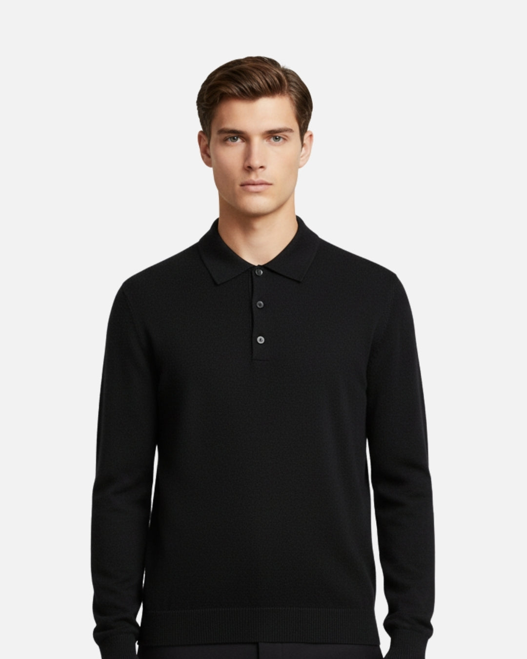 Merino Wool Polo with Buttons - Black