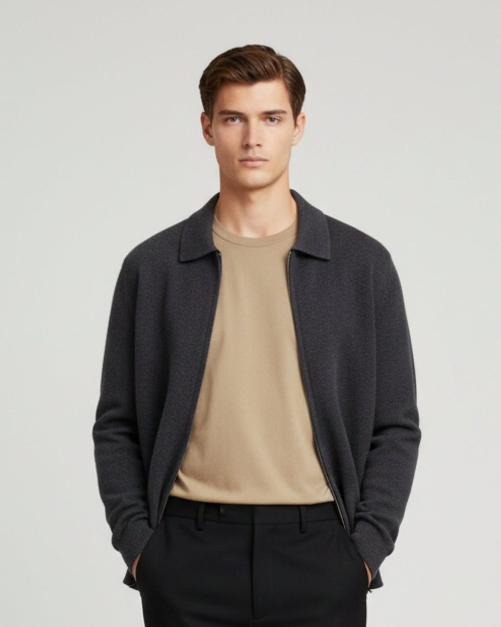Merino Wool Full-Zip Polo Cardigan - Graphite