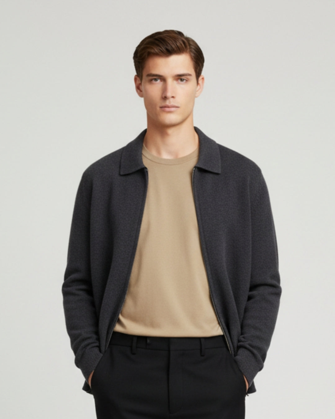 Merino Wool Full-Zip Polo Cardigan - Graphite