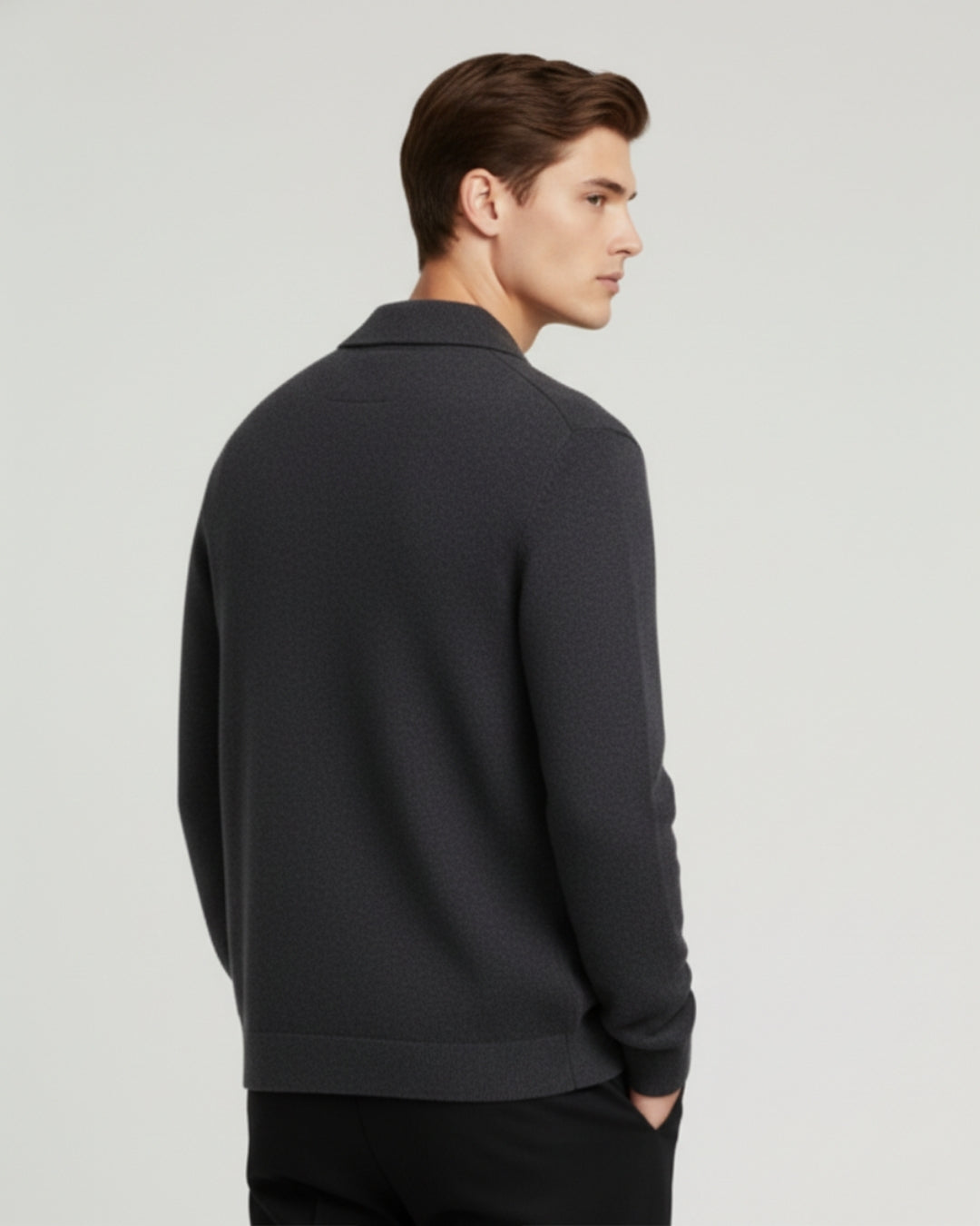 Merino Wool Full-Zip Polo Cardigan - Graphite