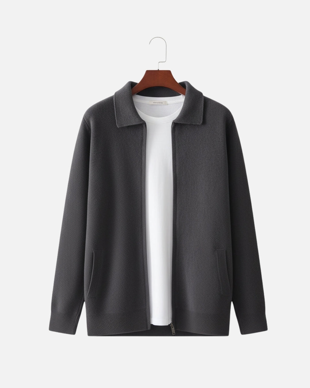 Merino Wool Full-Zip Polo Cardigan - Graphite