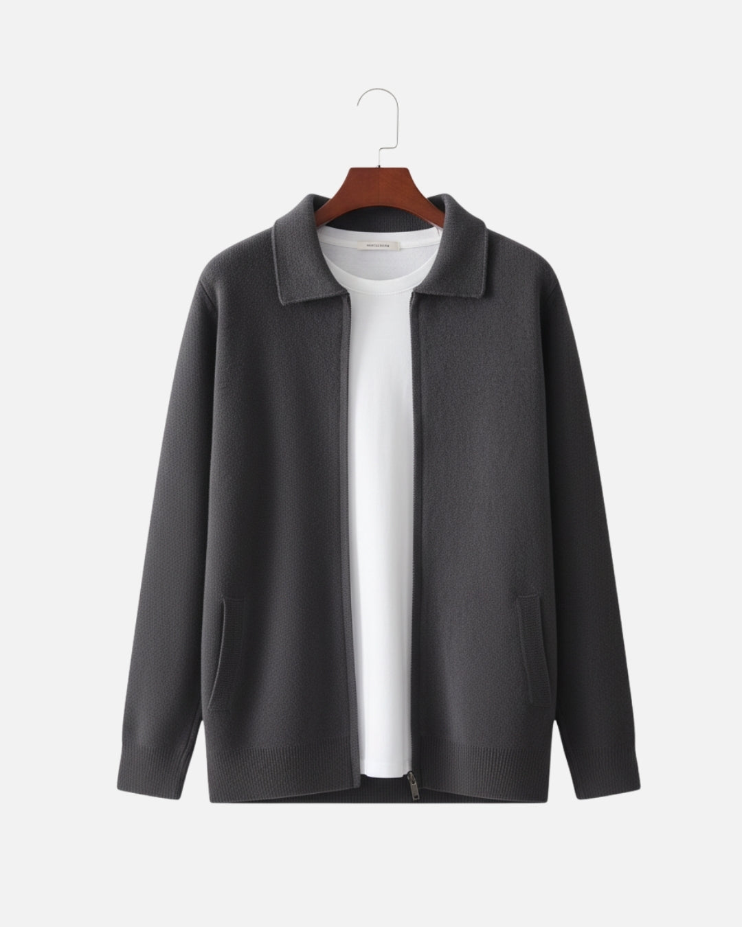 Merino Wool Full-Zip Polo Cardigan - Graphite