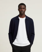 Merino Wool Full-Zip Polo Cardigan - Navy