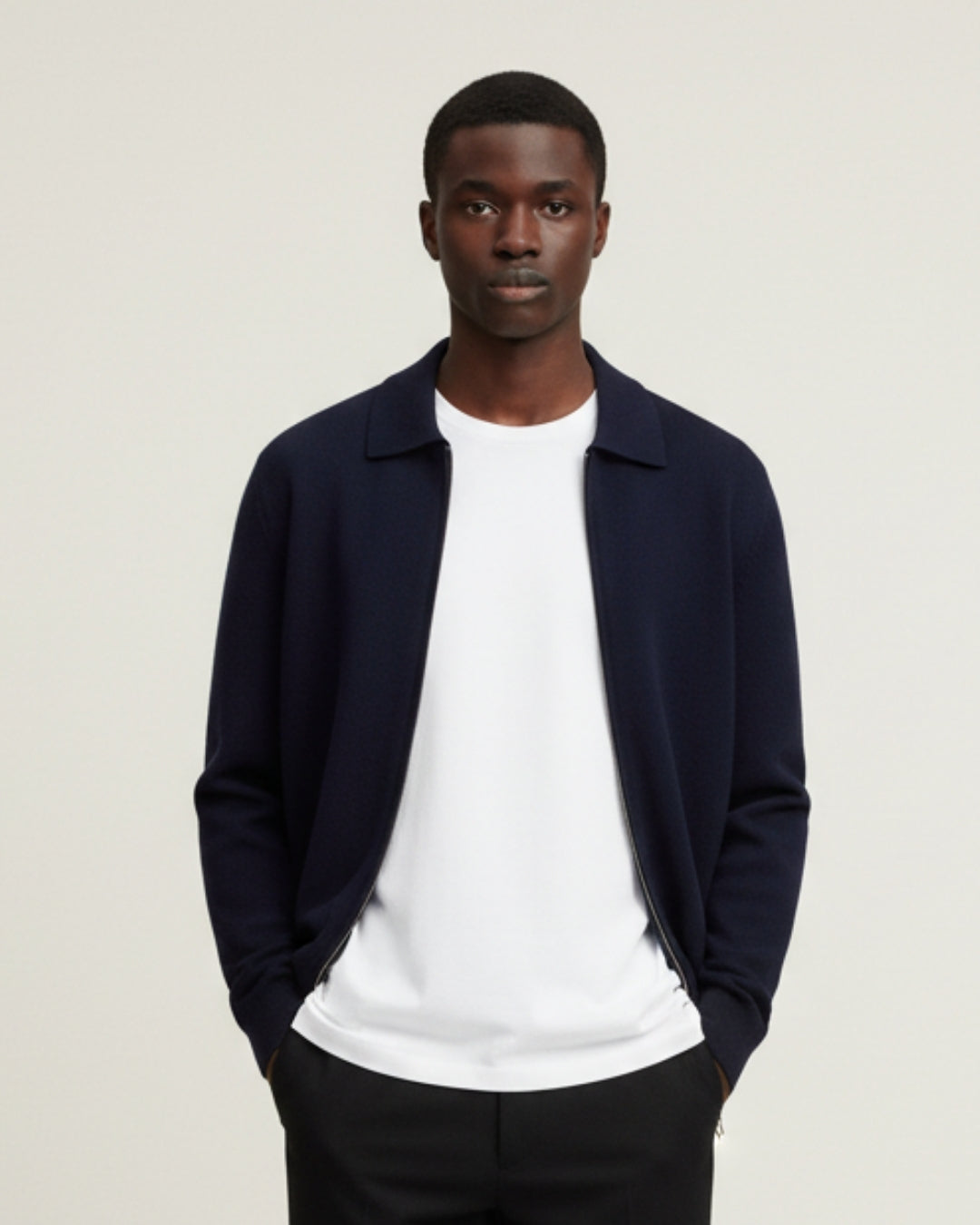 Merino Wool Full-Zip Polo Cardigan - Navy