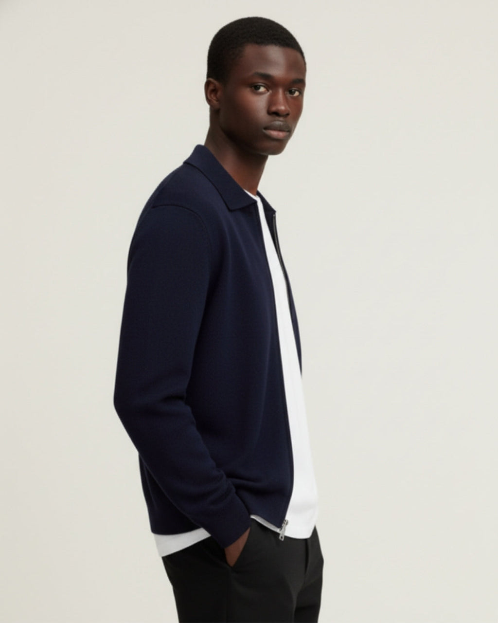 Merino Wool Full-Zip Polo Cardigan - Navy