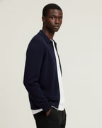 Merino Wool Full-Zip Polo Cardigan - Navy