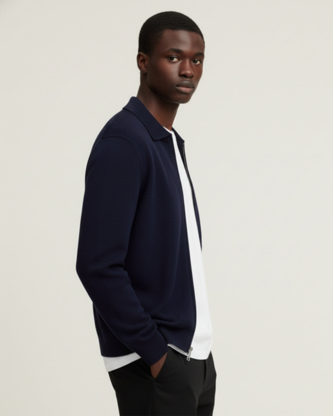 Merino Wool Full-Zip Polo Cardigan - Navy